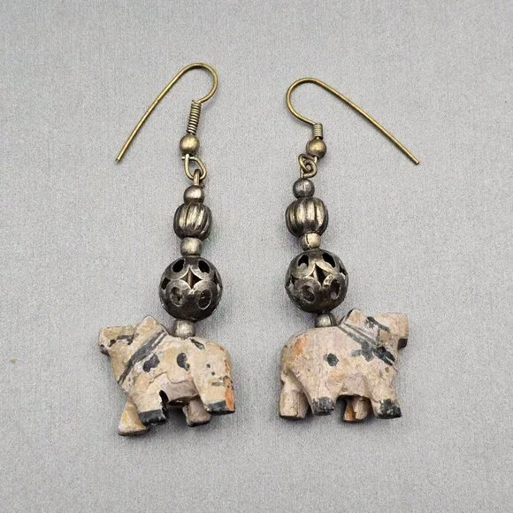 VTG Elephant Dangle Earrings 2.25" Carved Wood & Antique-Style Silver Beads - Picture 3 of 11